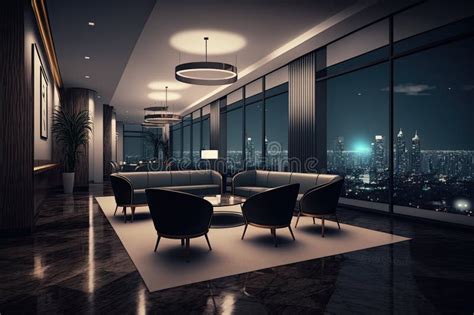 Empty Luxury Hotel Reception with Beautiful View of the City at Night ...