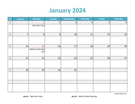 Free Download 2024 Excel Calendar large boxes in the grid (horizontal)