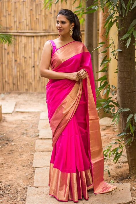 House Of Blouse Pink Pure Chanderi Cotton Silk Saree With Zari Border #Fuchsia #Wedding #Bridal ...