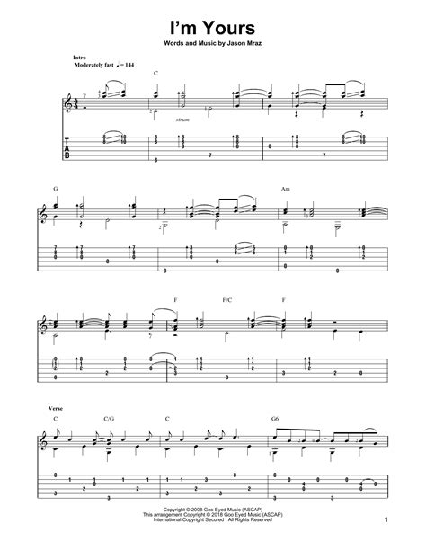 Jason Mraz 'I'm Yours' Sheet Music and Printable PDF Music Notes | Sheet music, Guitar tabs ...