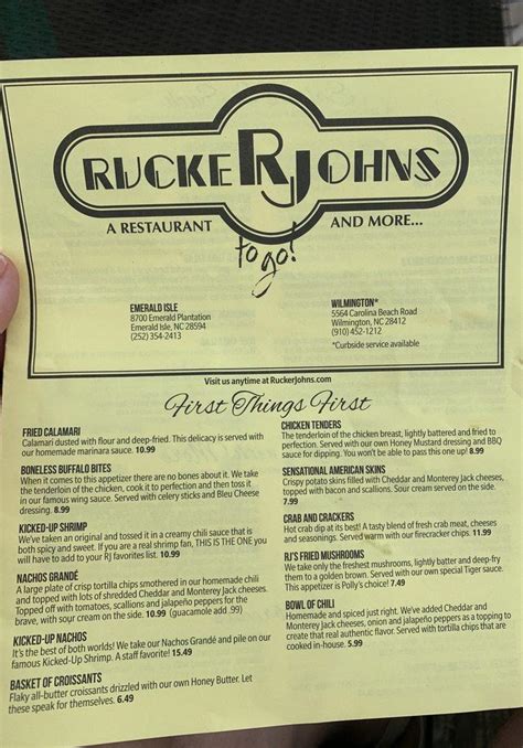 Menu at Rucker Johns Restaurant, Emerald Isle