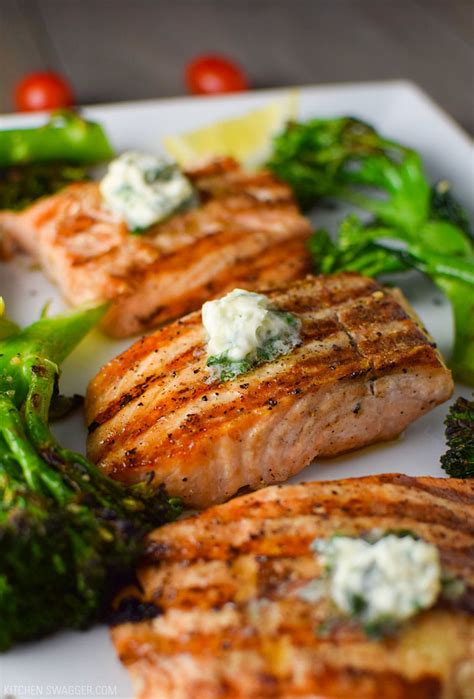 Easy Grilled Salmon with Basil Butter & Broccolini Recipe | Kitchen Swagger