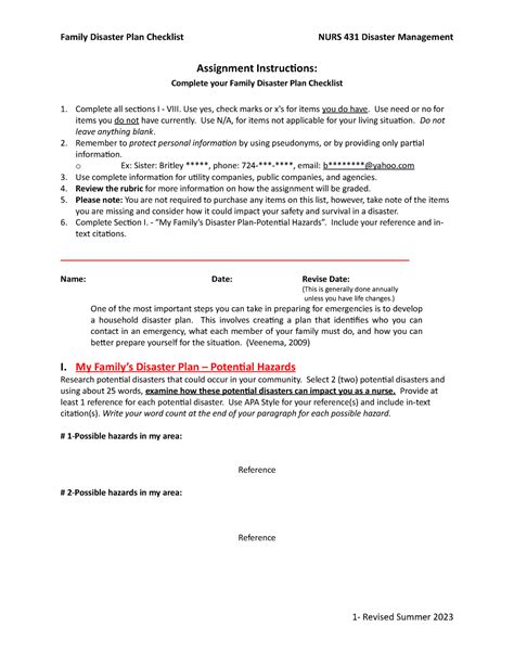 Family Disaster Plan Checklist - Complete all sections I - VIII. Use ...