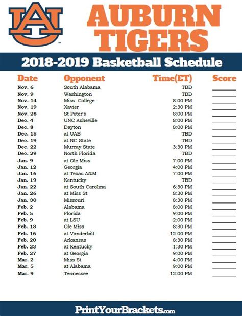 Printable Auburn Tigers Basketball Schedule | Basketball schedule ...