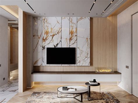 Interior Design Using Marble And Wood Combinations for TV Wall Decor