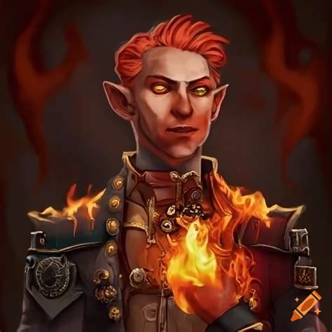 Image of a steampunk fire genasi with mechanical attire on Craiyon