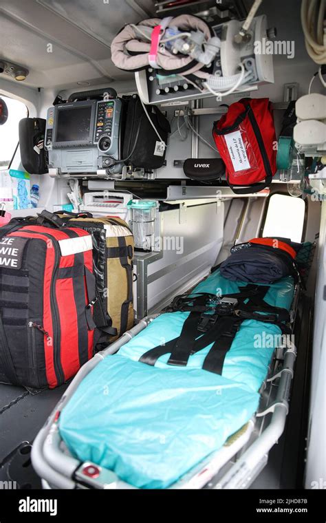 The interior and medical equipment of emergency medical helicopter Stock Photo - Alamy