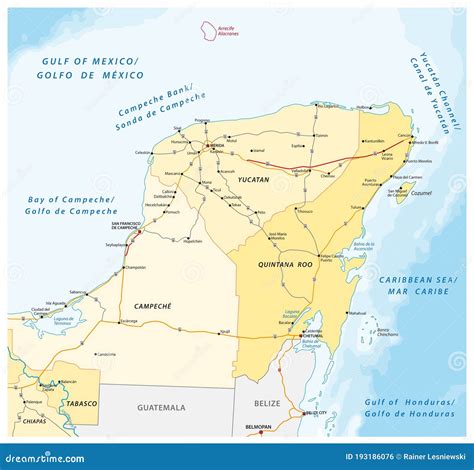 Road and Administrative Vector Map of the Yucatan Peninsula Stock ...