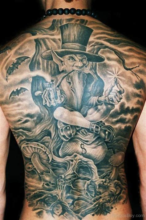 Grey Inked Leprechaun Tattoo On Full Back - Tattoos Designs