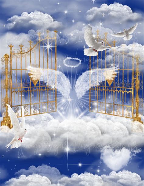 Blue Sky Gold Heavens Gate Angel Wings Memorial PNG Add Photo Rest in Peace Template for Funeral ...