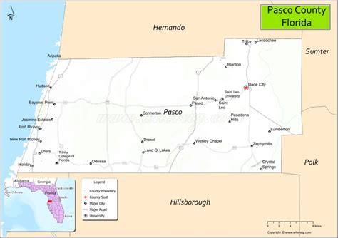 Map of Pasco County, Florida showing cities, highways & important ...