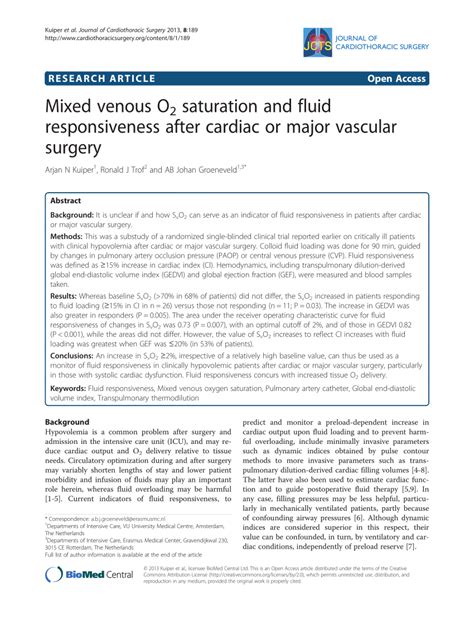 (PDF) Mixed venous O2 saturation and fluid responsiveness after cardiac ...