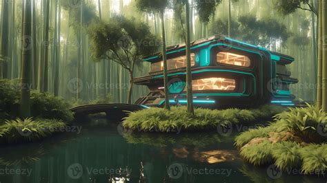 Illustration of a sci-fi futuristic cyberpunk house in the jungle by ...