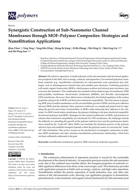 (PDF) Synergistic Construction of Sub-Nanometer Channel Membranes through MOF–Polymer Composites ...