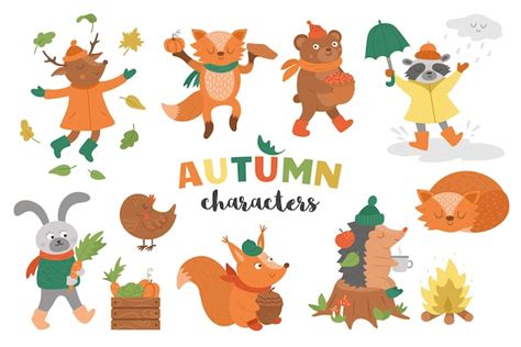 Premium Vector | Set of autumn characters cute woodland animals collection fall season icons pack