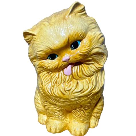 VINTAGE BEIGE PERSIAN Long Hair Cat Figurine Tongue & Blue Eyes 10" Tall Ceramic $49.45 - PicClick