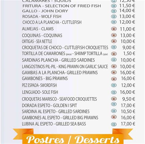 Menu at Chiringuito Carrero restaurant, Torreguadiaro