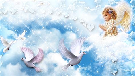 Baby angel and doves, angel, heaven, dove, peace, harmony, HD wallpaper | Peakpx