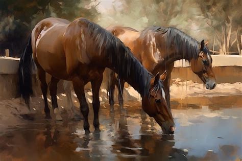 Premium AI Image | A painting of horses drinking water with one of them ...