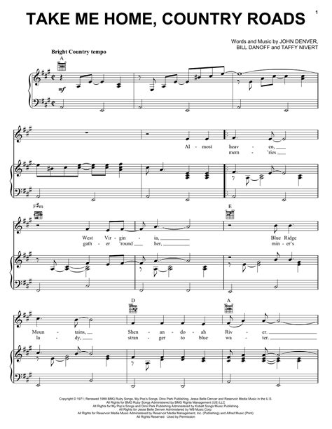 John Denver "Take Me Home, Country Roads" Sheet Music Notes | Download ...