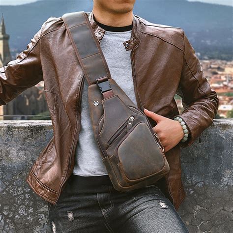Men Original Crazy horse Leather Casual Fashion Crossbody Chest Sling Bag Design Travel One ...