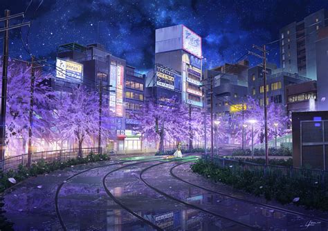 Spring Night in Anime City - HD Wallpaper by NIK