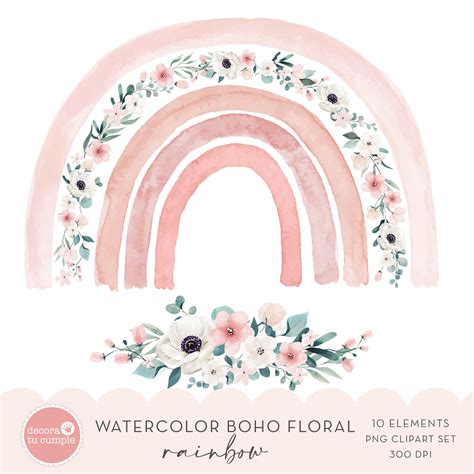 Boho Rainbow Floral Watercolor Clipart Set, Flowers Boho Rainbow, Pastel Dusty Pink, Nursery ...