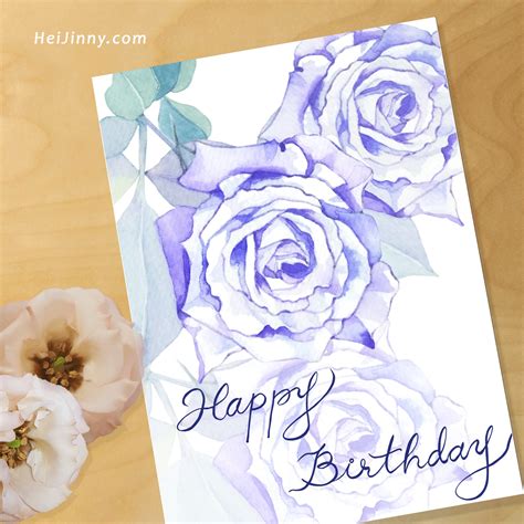 Watercolor Floral, Blue Rose Birthday Card Template, 5 x 7, Printable ...