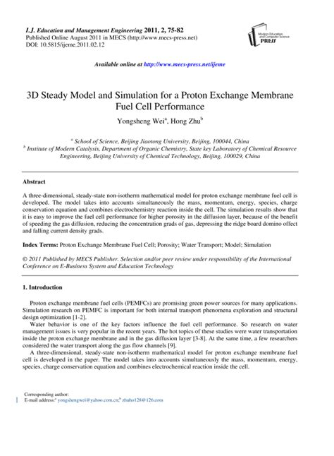 3D Steady Model and Simulation for a Proton Exchange Membrane Fuel Cell ...