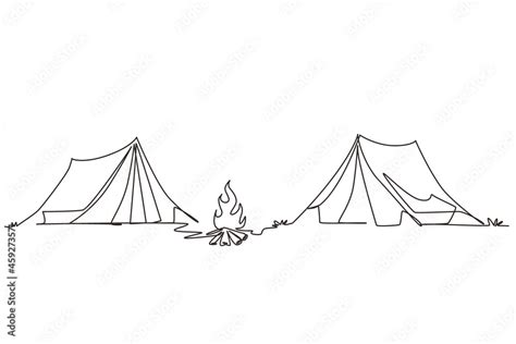 Single one line drawing two tent with bonfire. Climbing, trekking, hiking, walking. sports ...