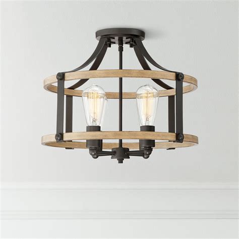 Franklin Iron Works Rustic Farmhouse Ceiling Light Semi Flush Mount Fixture Faux Wood Black 18 ...