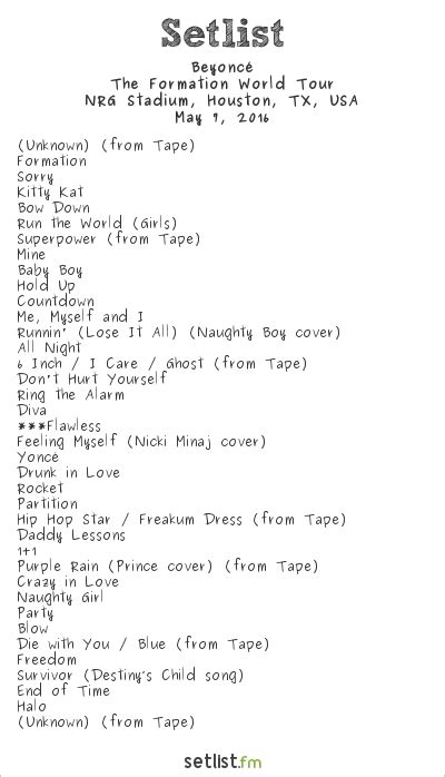 Beyoncé Setlist NRG Stadium, Houston, TX, USA 2016, The Formation World Tour Widgets | setlist.fm