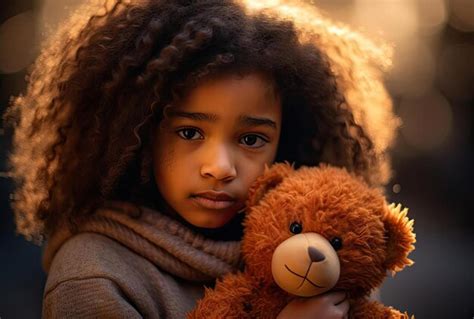 Premium AI Image | a brown and palehaired girl is holding a teddy bear ...