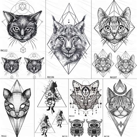 OMMGO Geometric Cat Line Temporary Tattoos Sticker Diamond Black Small ...