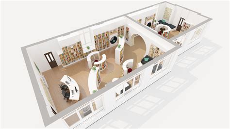 3D drawing of an innovative library design. | Library design, School library design, Store ...