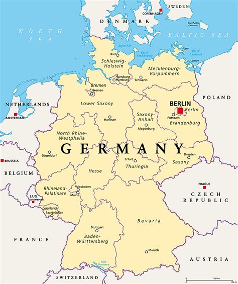 a map of germany with all the major cities and towns on it's borders