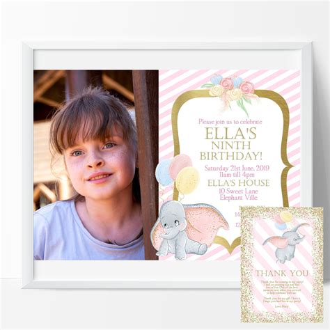 Dumbo Birthday Invitation and Thank you Note, 1st Birthday, Edit and Print your own. Invitation ...