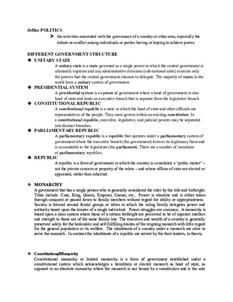 (DOC) DIFFERENT GOVERNMENT STRUCTURE ♦ UNITARY STATE | Stefanie Fermin ...