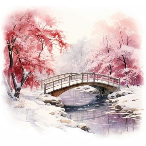 Premium AI Image | painting of a bridge over a stream in a snowy ...