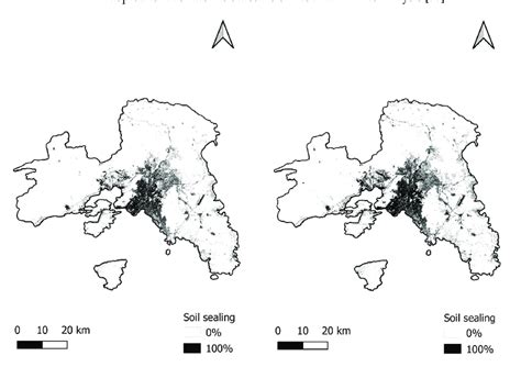 Maps of land imperviousness (left: 2006; right: 2018) in metropolitan... | Download Scientific ...