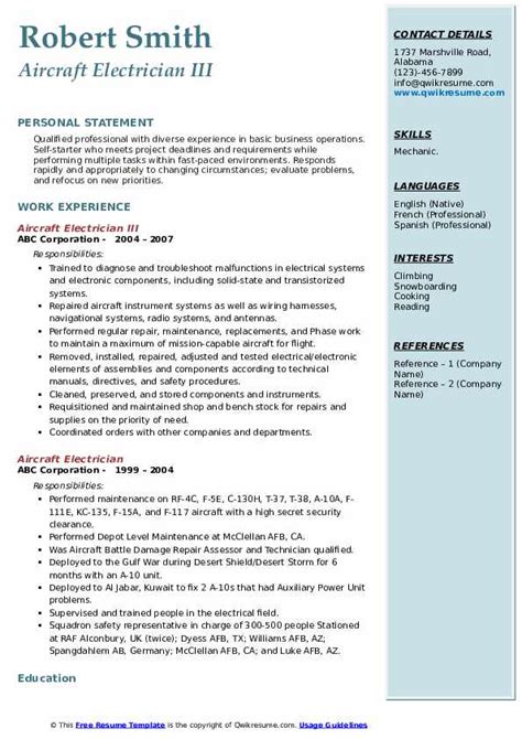 Aircraft Electrician Resume Samples | QwikResume