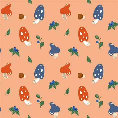 Cute pattern with mushrooms, blueberries, snails, greens on a beige ...