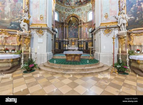 The imposing interior in the Benedictine monastery Kloster Ettal (Ettal Abbey), Bavaria, Germany ...