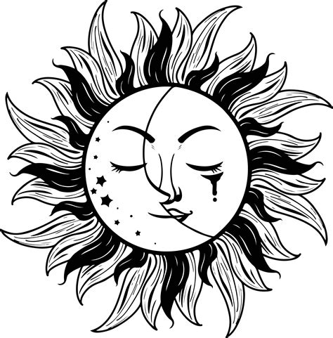 Craft Supplies & Tools Vintage Sun Sun Moon Face SVG pdf png Black and White Antique Sun Face ...