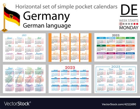 German horizontal pocket calendar for 2023 week Vector Image