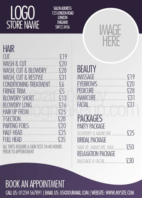 Beautifully designed menus and price lists for salons | Hair salon prices, Hair salon price list ...