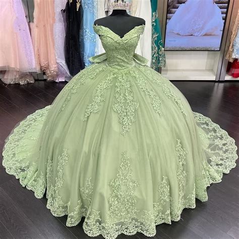 Hot Lace Sage Green Quinceanera Dresses Applique Off Shoulder Sweet 16 ...