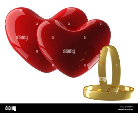 Two heart with wedding rings on a white background. 3D image Stock ...