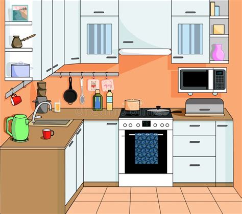 Cozinha Interior Com Mobiliário. Ilustração Do Vetor De Desenho Animado ...