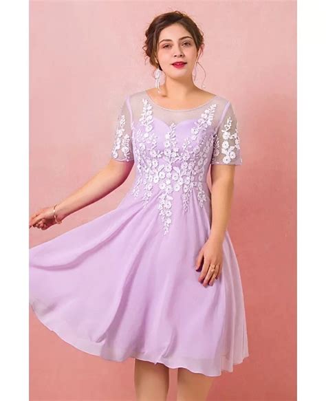 Custom Lilac Chiffon Knee Length Party Dress with Flowers Short Sleeves High Quality ZN116 ...